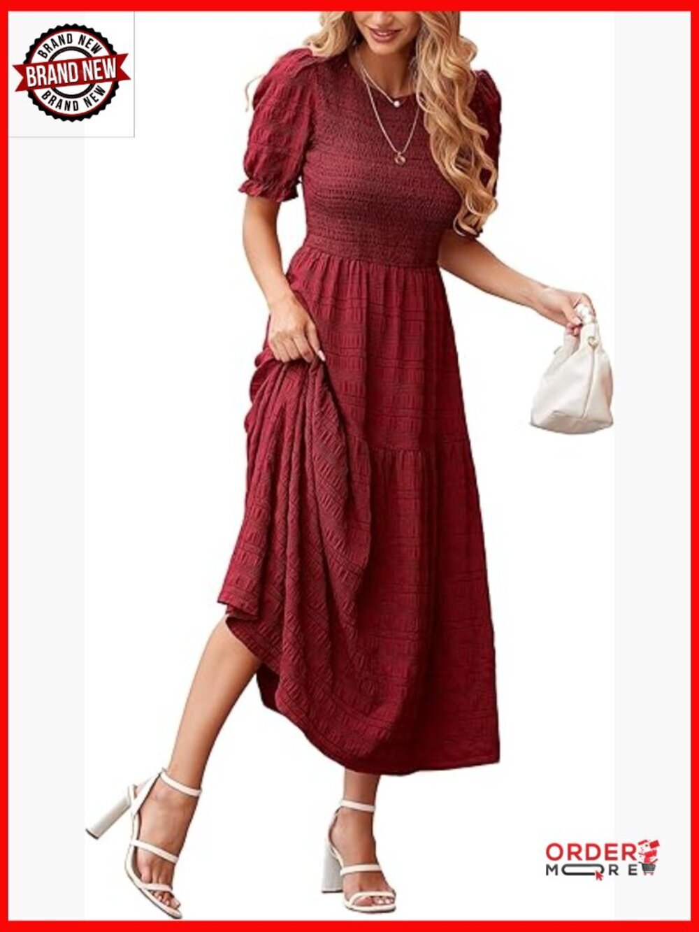 Puff Sleeve Smocked Tiered Maxi Dress Flowy Boho Casual Summer